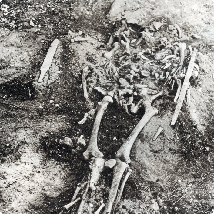 墳頂部で検出された人骨と副葬品